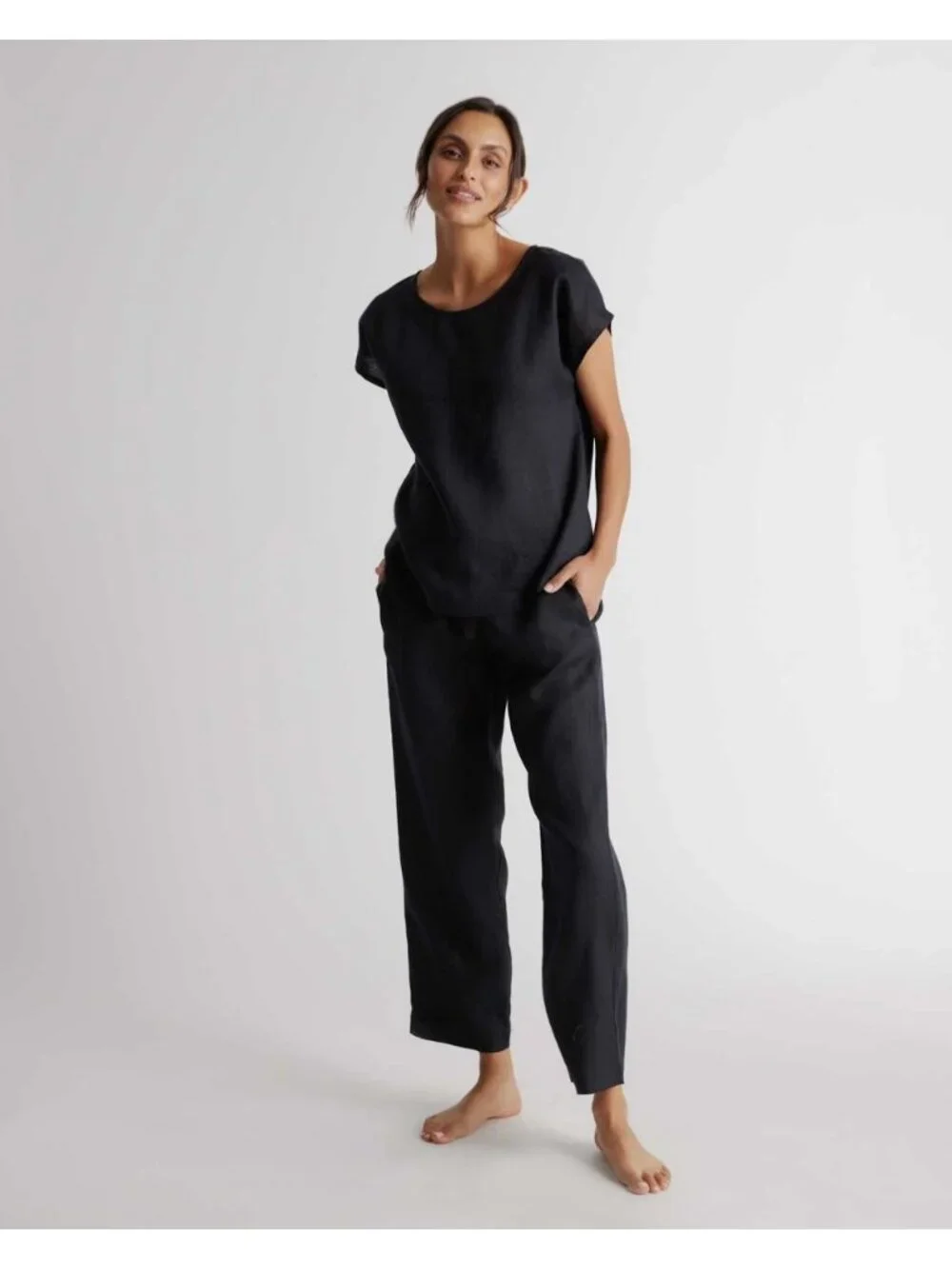 Quince Women M 100% Linen Pajama Pants Pull On Black Stretch Waist Breathable